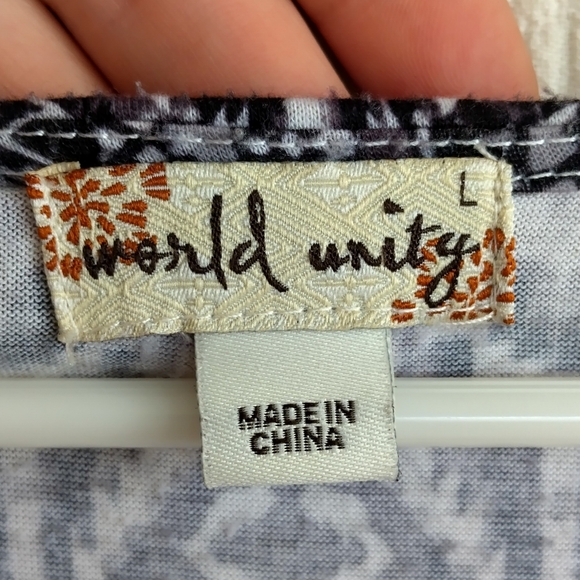 World Unity Boho Blouse Black and White Beaded Tie Front Bell Sleeve Geometric - Picture 8 of 9